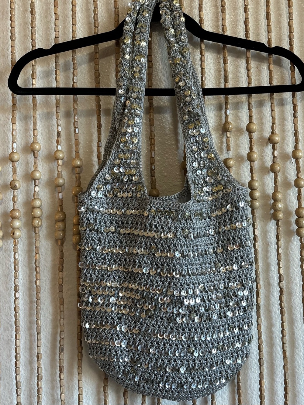 Y2K Vintage Silver Sequin Crochet Shoulder Tote Purse S-M